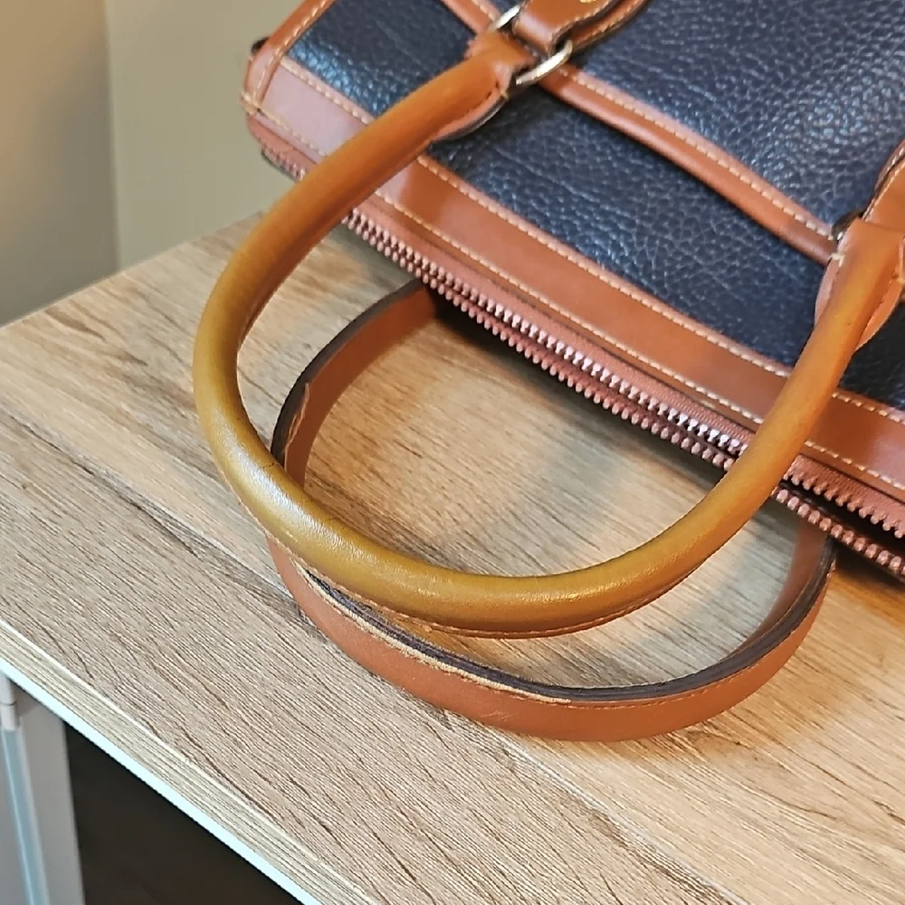 Vintage Dooney & Bourke Navy and Brown Pebbled Leather Satchel Handbag